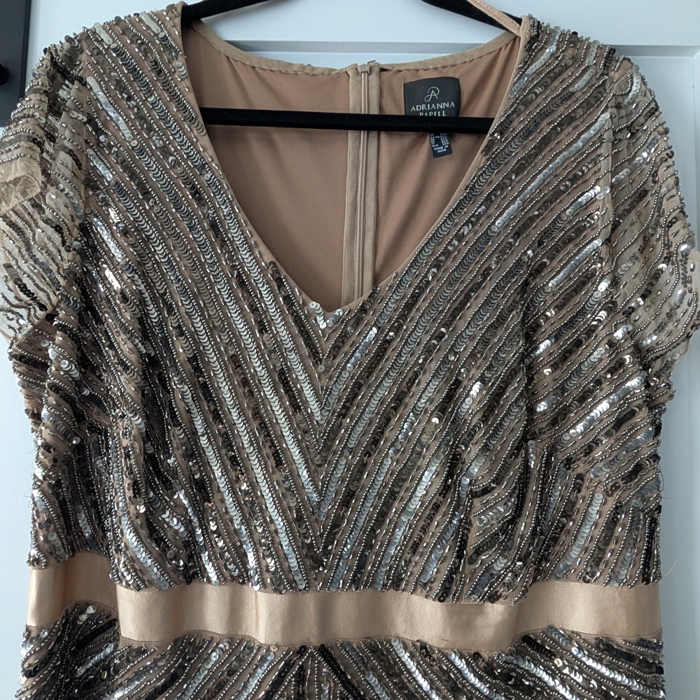 Adrianna Papell Gold-Beaded V-Neck Evening Dress